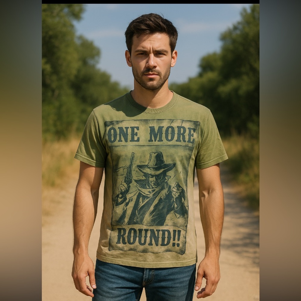 One More Round Graphic Men’s Tee Cowboy Print & “Wanted” at Back Ombre Size M